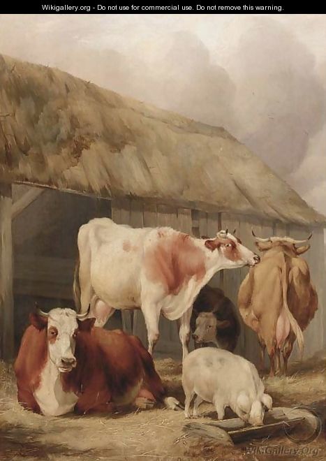 Cattle and a pig in a farmyard - (after) Thomas Sidney Cooper