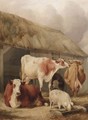Cattle and a pig in a farmyard - (after) Thomas Sidney Cooper