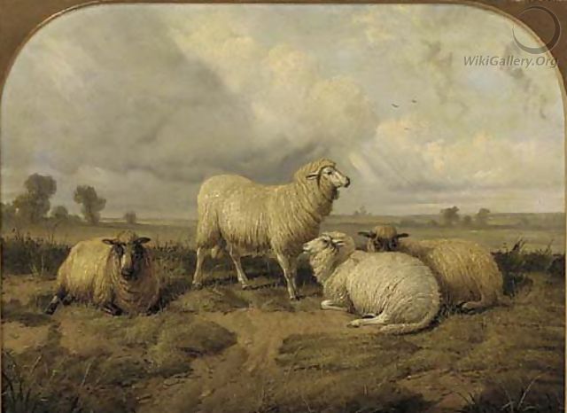 Sheep resting in a meadow - (after) Thomas Sidney Cooper