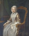 Portrait of Elizabeth, Countess Dowager of Aylesford, seated three-quarter-length, in a beige and white dress and a white headscarf, in an interior - (after) Thomas Hudson