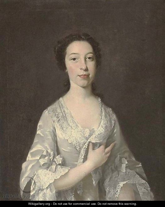 Portrait of a lady, half-length, in an oyster satin dress with lace trim, pearls in her hair - (after) Thomas Hudson