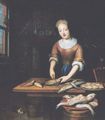 A young lady gutting fish in an interior - (after) Reynier De La Haye