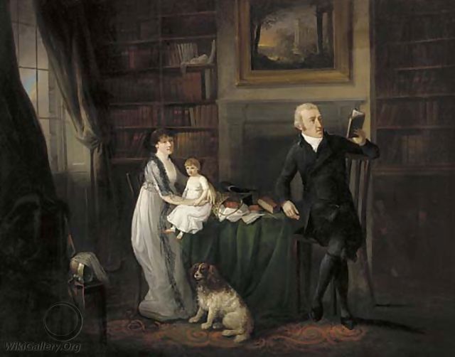 Portrait of a family, seated full-length in a library with their dog - (after) Ramsay Richard Reinagle