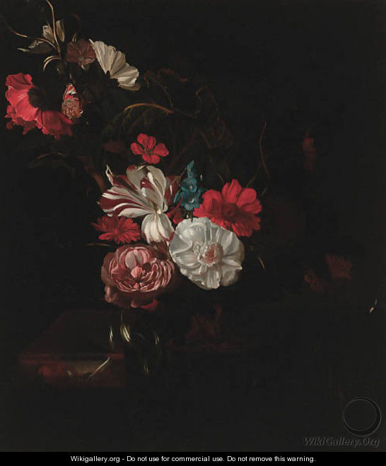 Roses, tulips, a poppy, nasturtiums, marigolds and other flowers in a vase, and a tortoiseshell butterfly on a partly draped marble ledge - (after) Rachel Ruysch