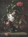 Roses, carnations, morning glory and other flowers in a glass vase on a stone ledge - (after) Rachel Ruysch