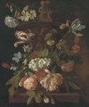 Roses, a parrot tulip, morning glory, narcissi and other flowers, with a snail, around a stone urn on a ledge - (after) Rachel Ruysch