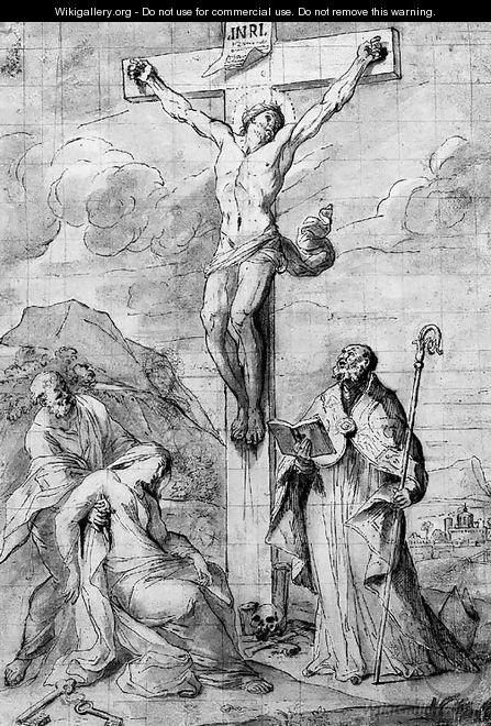 The Crucifixion, with the Virgin swooning into the arms of Saint Peter, and a Bishop Saint - (after) Pietro Testa