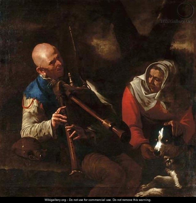 A peasant playing a bagpipe and an old woman listening with a dog - (after) Pietro Paolini