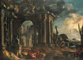 An architectural capriccio with peasants - (after) Pietro (Il Mirandolese) Paltronieri