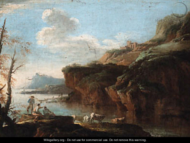 A coastal landscape with herdsmen on the shore - (circle of) Rosa, Salvator