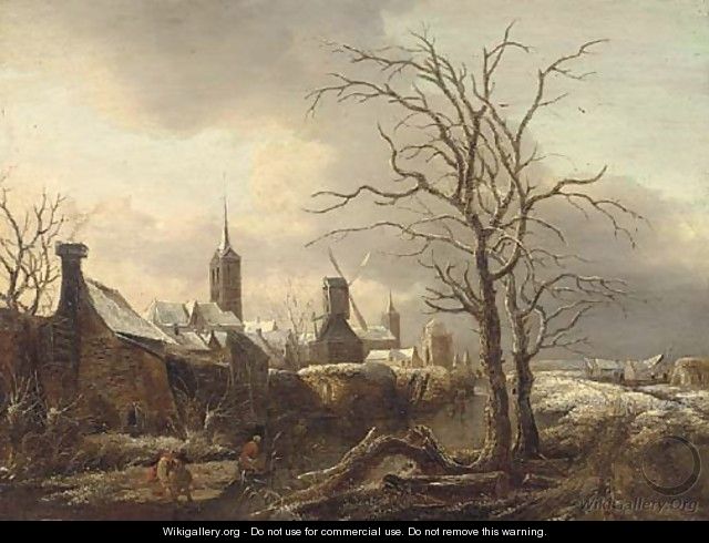 A winter landscape with peasants skating - (after) Salomon Rombouts