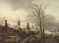 A winter landscape with peasants skating - (after) Salomon Rombouts