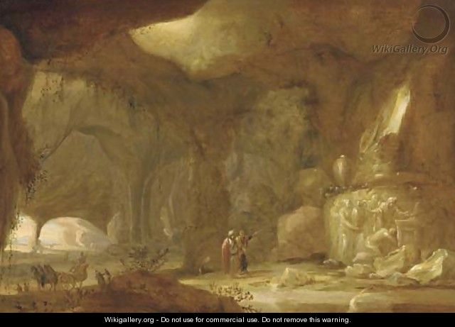 A natural grotto with figures approaching a shrine - (after) Rombout Van Troyen