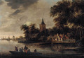 A river landscape with fishermen, a village beyond - (after) Roelof Van Vries