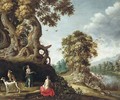 A wooded river landscape with Jupiter and Callisto - (after) Roelandt Jacobsz Savery