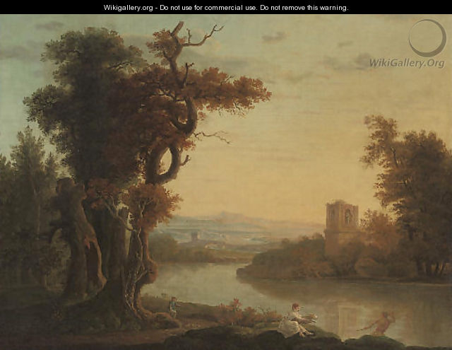 An extensive wooded river landscape with figures in the foreground, a classical ruin beyond - (after) Richard Wilson