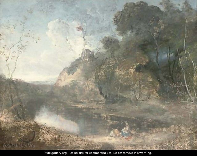 A wooded river landscape, with countryfolk resting in the foreground, a hilltop ruin beyond - (after) Richard Wilson