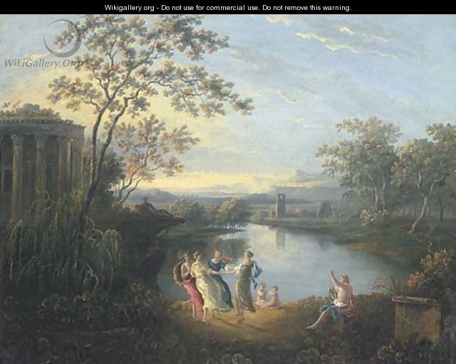 An Arcadian landscape with figures dancing by a river, a ruined castle beyond - (after) Richard Wilson