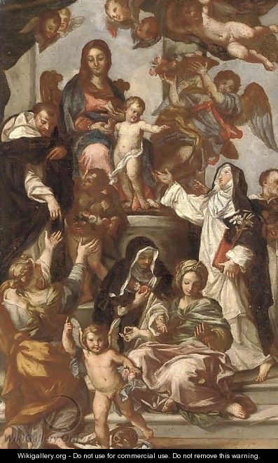 The Madonna of the Rosary with Saint Catherine of Siena, Saint Dominic and members of the Dominican Order - (after) Sebastiano Conca