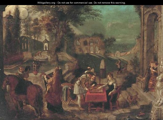 An extensive Italianate landscape of a country house garden with Roman ruins, backgammon players, an amorous couple and a lute player in the foregroun - (after) Sebastian Vrancx