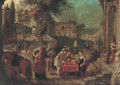 An extensive Italianate landscape of a country house garden with Roman ruins, backgammon players, an amorous couple and a lute player in the foregroun - (after) Sebastian Vrancx