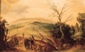 A traveller and pilgrims halting near a chapel on a country road, a church and a valley beyond - (after) Sebastian Vrancx