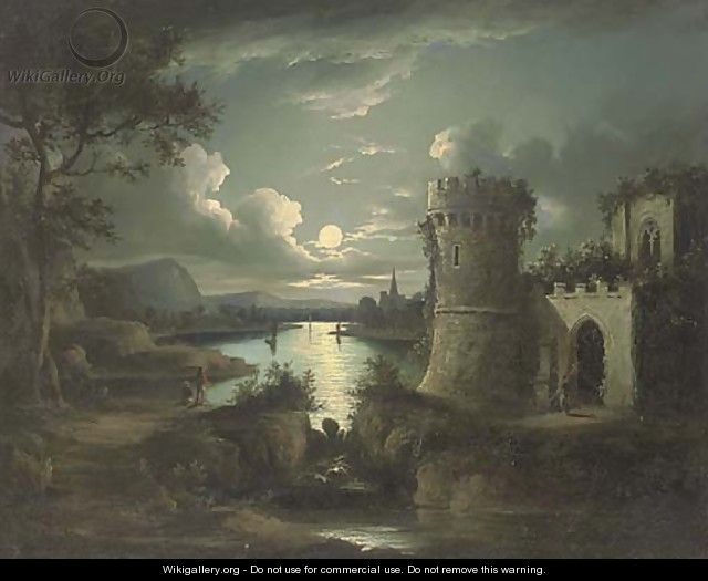 Figures by a ruin, in a moonlit landscape - (after) Sebastian Pether