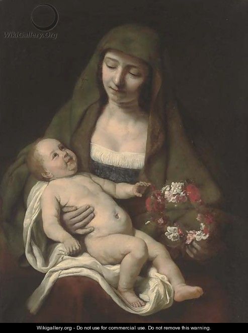 The Virgin and Child with a floral wreath - (after) Samuel Van Hoogstraten