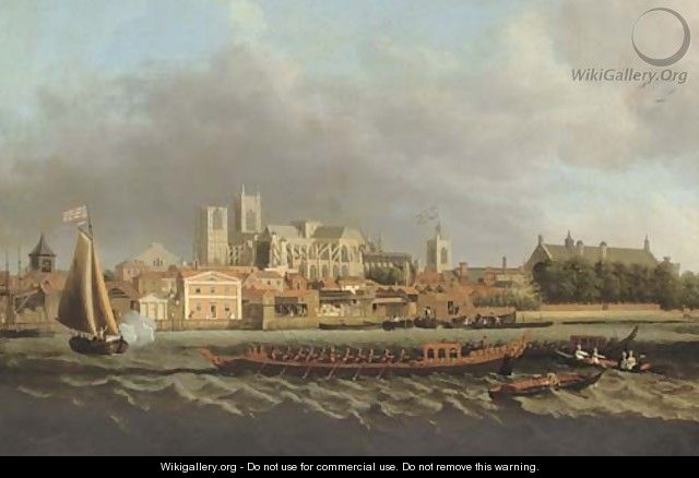 View of Westminster from Lambeth, with a Royal barge in the foreground - (after) Samuel Scott