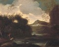 A wooded river landscape with fishermen, mountains beyond - (circle of) Rosa, Salvator