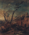 A mountainous landscape with travellers on a path and woodmen crossing a bridge - (circle of) Rosa, Salvator