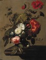 A peony, poppies, a rose, snowballs, an anemone and forget-me-nots in a glass vase on a stone ledge - (after) Simon Pietersz. Verelst