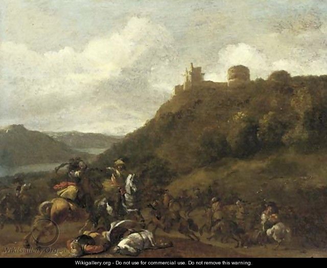 A cavalry skirmish before a hilltop fort - (after) Simon Johannes Van Douw