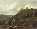 A cavalry skirmish before a hilltop fort - (after) Simon Johannes Van Douw