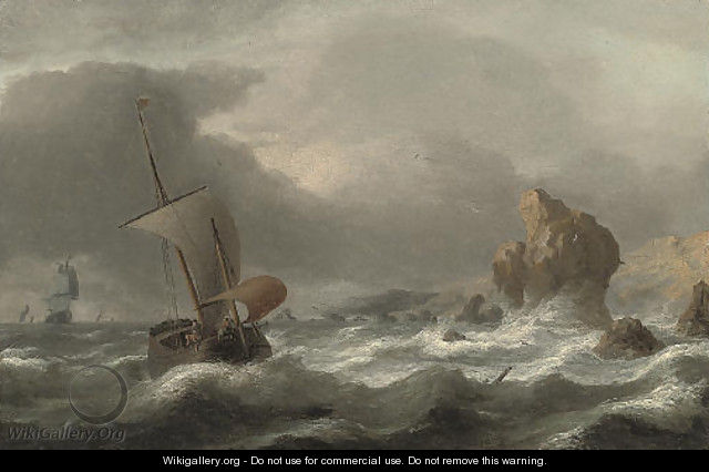A rocky coastline with shipping in choppy seas - (after) Simon De Vlieger