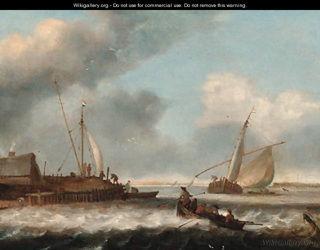 A fishing boat and a rowing boat off shore - (after) Simon De Vlieger