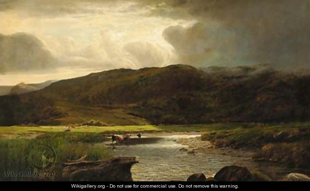 Cattle watering in a sunlit mountainous landscape - (after) Sidney Richard Percy