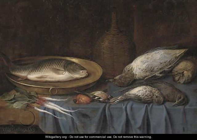 Dead birds, a fish on a copper platter, a bottle of wine and root vegetables on a draped table - (after) Sebastien Stoskopff