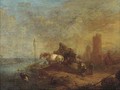 Workers loading a boat near a horse and cart, a town beyond - (after) Philips Wouwerman