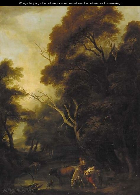 A wooded landscape with drovers at a ford - (after) Philip Jacques De Loutherbourg