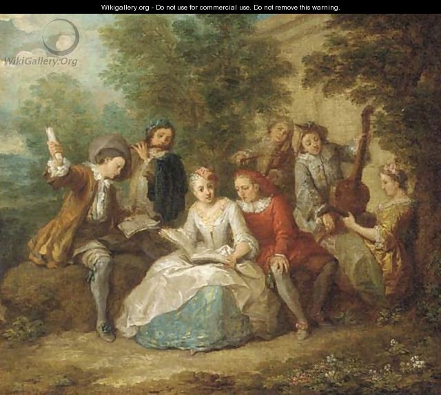 Elegant company playing music in a garden - (after) Mercier, Philippe