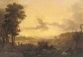 An extensive valley landscape at sunset with figures and cattle - (after) Loutherbourg, Philippe de