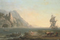 A rocky coastal landscape with fishermen and drovers in the foreground, a ship beyond - (after) Loutherbourg, Philippe de