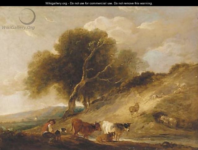 A drover with cattle by a stream in a wooded landscape - (after) Loutherbourg, Philippe de