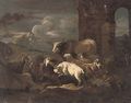 An evening landscape with a flock of goats and a bull, by classical ruins - (after) Philipp Peter Roos