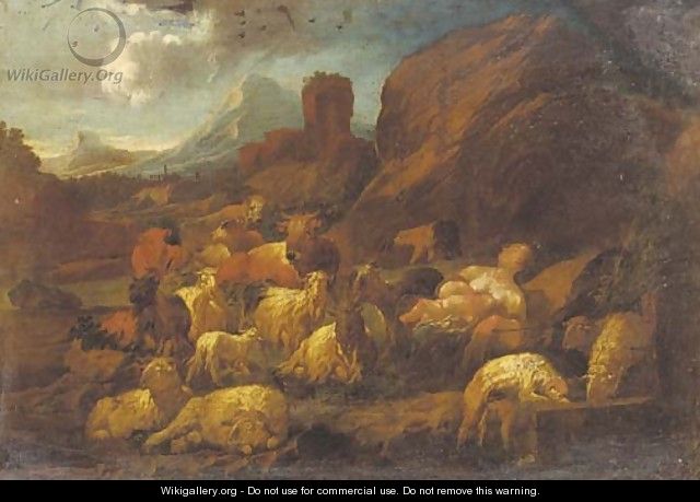 A shepherdess and child resting with her herd in an mountainous Italianate landscape - (after) Philipp Peter Roos