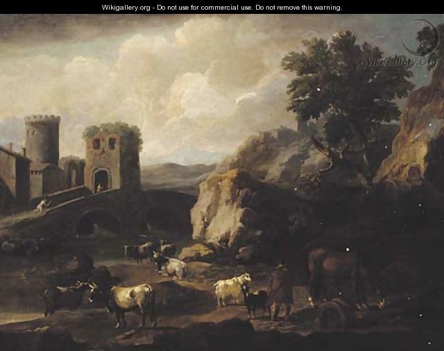 A shepherd with a horse, goats and cattle by a bridge in an Italianate landscape - (after) Philipp Peter Roos