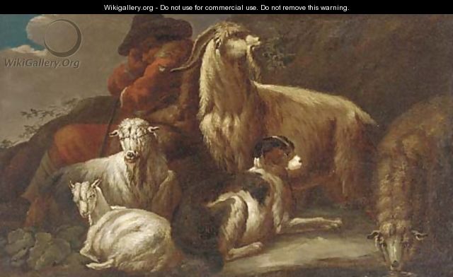 A shepherd resting with sheep, goats and a dog - (after) Philipp Peter Roos