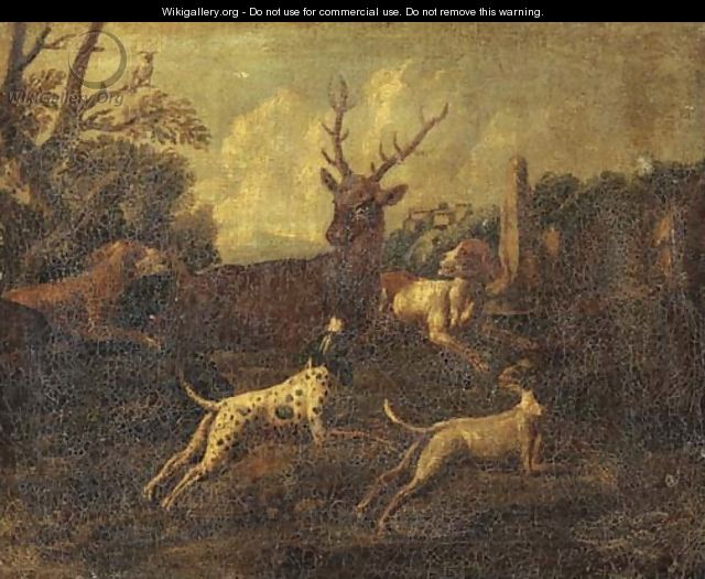 Dogs chasing a stag in a landscape, a town beyond - (after) Ferdinand Phillip De Hamilton