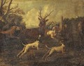 Dogs chasing a stag in a landscape, a town beyond - (after) Ferdinand Phillip De Hamilton